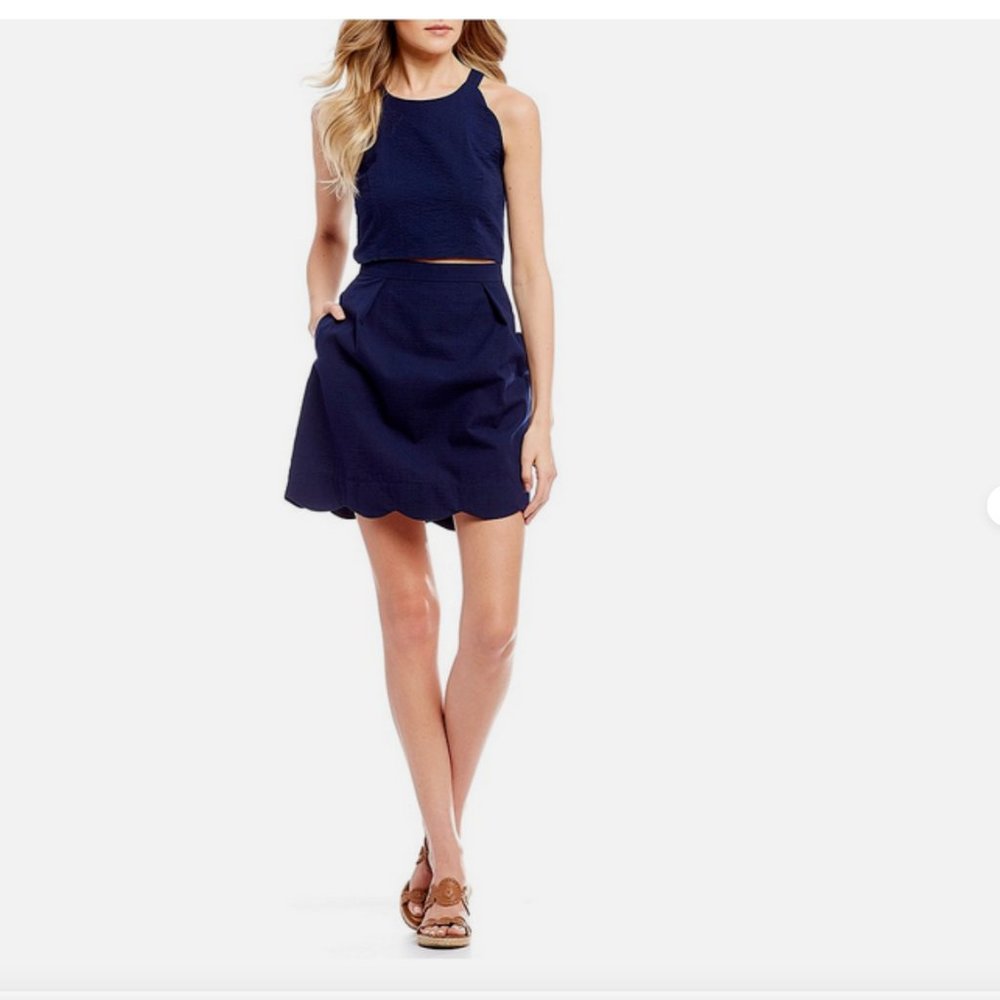 NWT Lauren James Women's Carly Seersucker Crop Top Skirt Set Navy Blue XS